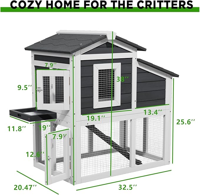 2 Story Rabbit Cage, Weatherproof Rabbit Hutch Indoor &amp; Outdoor, Wooden Guinea Pig Cages with Removable Tray Openable Roof for Small to Medium Animals