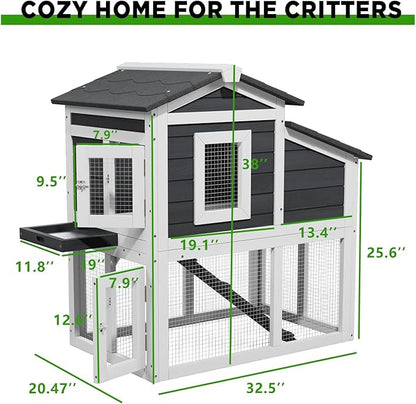 2 Story Rabbit Cage, Weatherproof Rabbit Hutch Indoor &amp; Outdoor, Wooden Guinea Pig Cages with Removable Tray Openable Roof for Small to Medium Animals