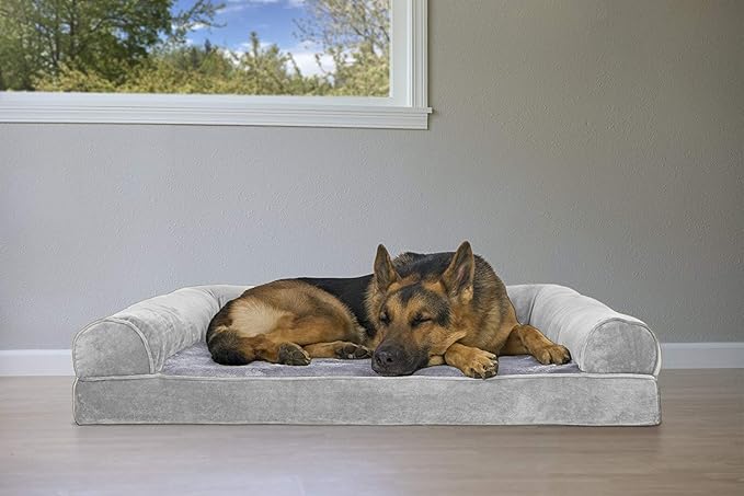 Furhaven Orthopedic Dog Bed for Large Dogs w/ Removable Bolsters &amp; Washable Cover, For Dogs Up to 95 lbs - Faux Fur &amp; Velvet Sofa - Smoke Gray, Jumbo/XL