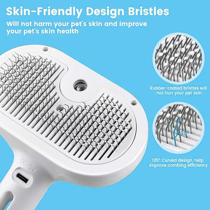 Pet Steam Brush for Dog &amp; Cat – 3-in-1 Spray Hair Removal Comb – Steam Brush for Shedding &amp; Grooming – Water for Long &amp; Short Haired Pets – Spritz Defur Comb (White)