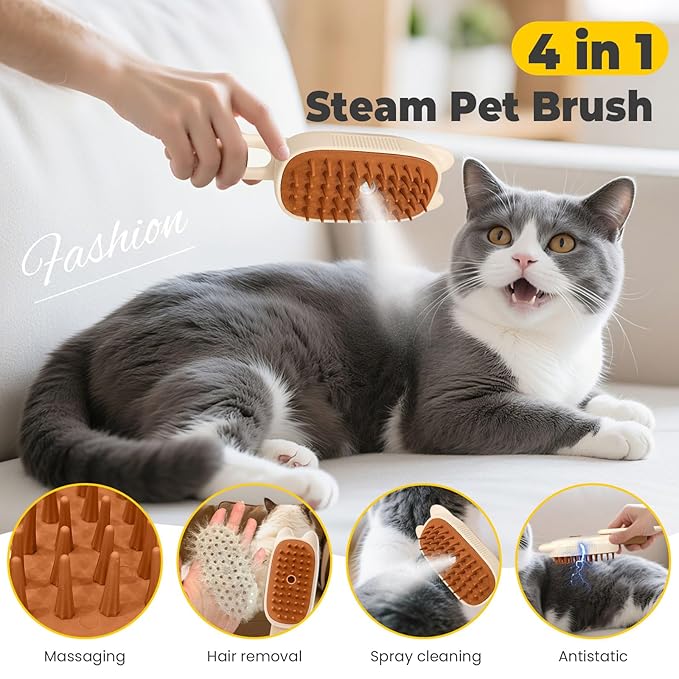 Cat Steam Brush for Shedding, 4 in 1 Rechargeable Steam Brush for Cats and Dogs, Anti-Static, Massage, flea comb for cats&amp; Pet Removal Hair Glove,Shedding &amp; Combing All In One!
