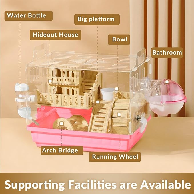 Cycodo 8 in 1 Acrylic Hamster Cage,2-Tier Dwarf Hamster Cage with Wooden Wheel &amp; Hideout,Small Hamster Habitat with Accessories,Clear Pet Mice House(Pink,14" L*10" W*11" H)