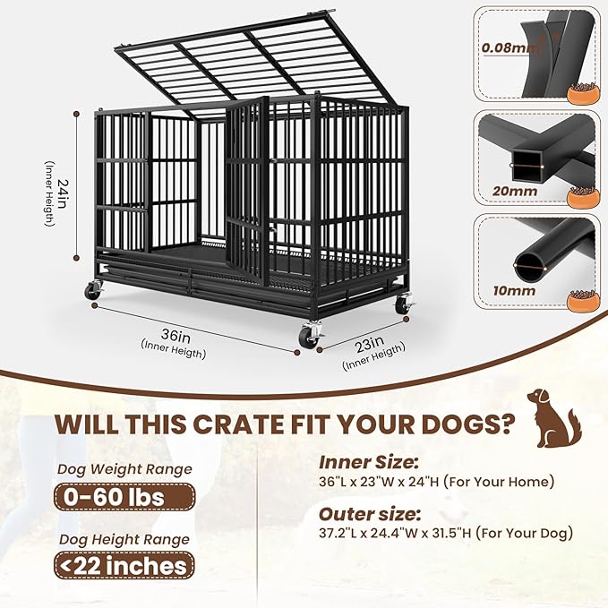 LEVELEVE 38 Inch Heavy Duty Indestructible Dog Crates for Large Dogs，Escape Proof Dog Cage Large Dogs with Lockable Wheels，Dog Kennel Furniture Indoor&amp;Outside