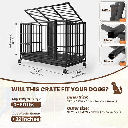 LEVELEVE 38 Inch Heavy Duty Indestructible Dog Crates for Large Dogs，Escape Proof Dog Cage Large Dogs with Lockable Wheels，Dog Kennel Furniture Indoor&amp;Outside