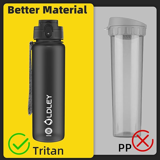 OLDLEY 32 oz Water Bottle, Motivational Water Bottle with Time Marker, Sports Water Bottle With Strap, Leakproof &amp; BPA Free Large Water Bottles for School, Gym, Travel, Outdoor, Tritan,Black