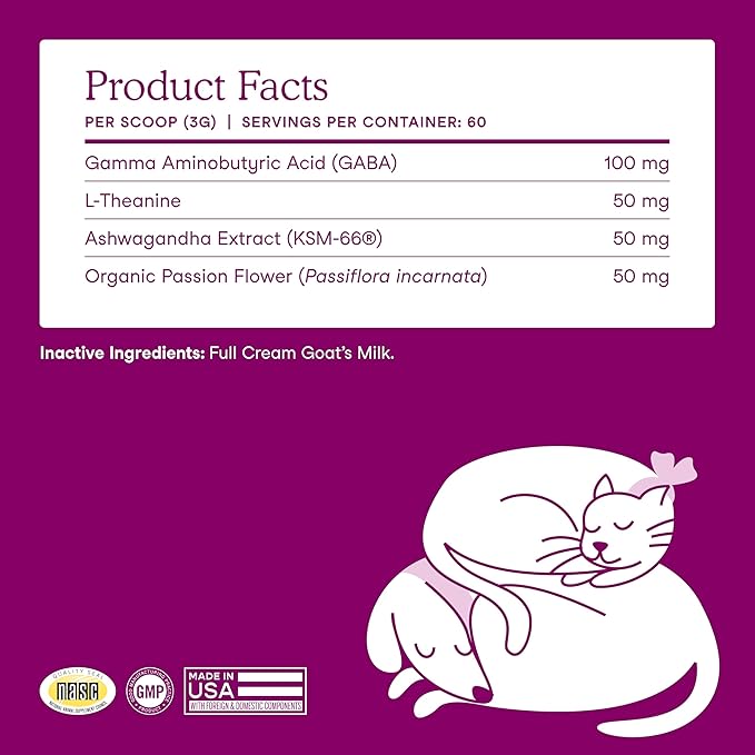 Fera Pets Goat Milk - Calming Supplement for Dogs &amp; Cats - Ashwagandha, L-Theanine, &amp; Passion Flower - Supports Anxiety Relief &amp; Relaxation - for Picky Eaters - 60 TSP