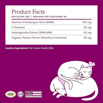 Fera Pets Goat Milk - Calming Supplement for Dogs &amp; Cats - Ashwagandha, L-Theanine, &amp; Passion Flower - Supports Anxiety Relief &amp; Relaxation - for Picky Eaters - 60 TSP