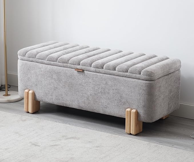 Kmax 45" Storage Bench Velvet Entryway Bench Upholstered Ottoman Bench with Wavy Top &amp; Safty Hinge for Bedroom Living Room Hallway, Grey