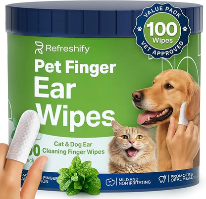 Dog Ear Wipes - 100 Value Pack - Mint Ear Wipes for Dogs, Vet Formulated Pet Ear Wipes for Dogs &amp; Cats – Effective Dog Ear Cleaner for Itch Relief, Wax &amp; Odor