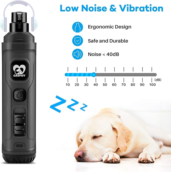 Casfuy Dog Nail Grinder with 2 LED Light - New Version 2-Speed Powerful Electric Pet Nail Trimmer Professional Quiet Painless Paws Grooming &amp; Smoothing for Small Medium Large Dogs and Cats (Grey)