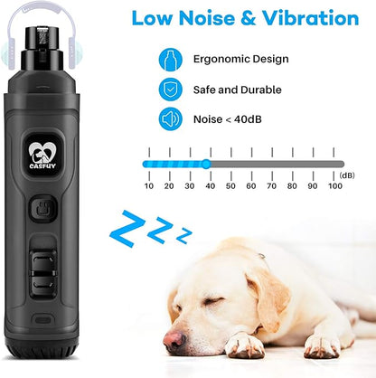 Casfuy Dog Nail Grinder with 2 LED Light - New Version 2-Speed Powerful Electric Pet Nail Trimmer Professional Quiet Painless Paws Grooming &amp; Smoothing for Small Medium Large Dogs and Cats (Grey)