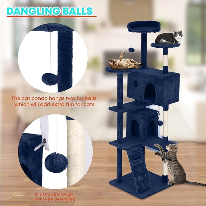 FDW Cat Tree 70in Cat Tower Multi-Level Durable Cat Scratching Post &amp; Cozy Fun Cat Jumping Platform Space Saving Cat Condo Pet Play House for Indoor Cats,Navy Blue
