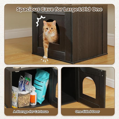 PEQULTI 57.5" Cat Tree with Litter Box Enclosure Large, Wood Cat Tower for Indoor Cats with Storage Cabinet and Cozy Cat Condo, Sisal Covered Scratching Post and Repalcable Dangling Balls, Black