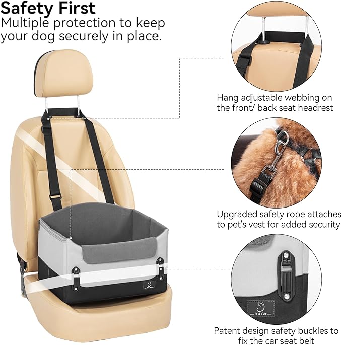 A4Pet Dog Car Seats for Small Dogs, Booster Car Seat with Patent Buckles &amp; Clip-On Safety Leash, Pet Seat for Puppy Small Dogs Cats Under 25 Lbs, Grey