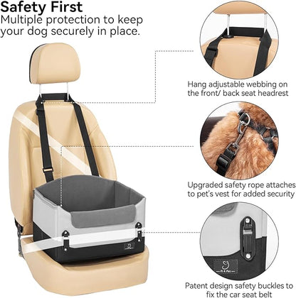 A4Pet Dog Car Seats for Small Dogs, Booster Car Seat with Patent Buckles &amp; Clip-On Safety Leash, Pet Seat for Puppy Small Dogs Cats Under 25 Lbs, Grey