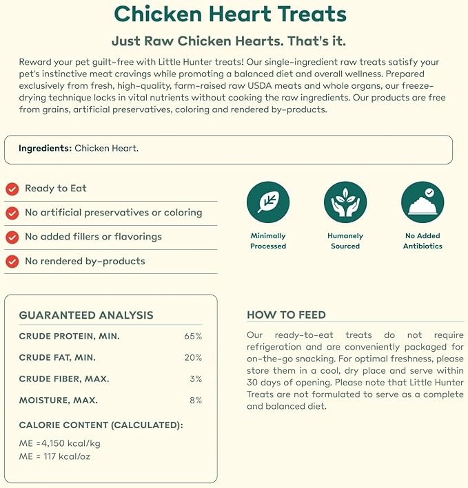 Little Hunter Freeze Dried Dog Treats - Chicken Hearts - Raw Single Ingredient Chicken Heart Dog Treats for Snacks, Training, Dog Food Toppers - All Natural, Healthy Dog &amp; Puppy Treats, 2 oz