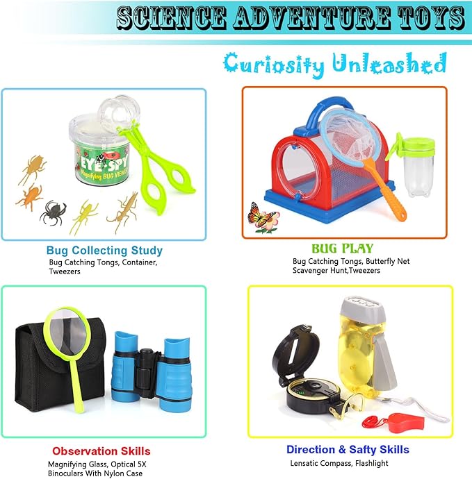 ESSENSON Outdoor Explorer Kit &amp; Bug Catcher Kit with Binoculars, Compass, Magnifying Glass, Critter Case and Butterfly Net Great Toys Kids Gift for Boys &amp; Girls Age 3-12 Year Old Camping Hiking