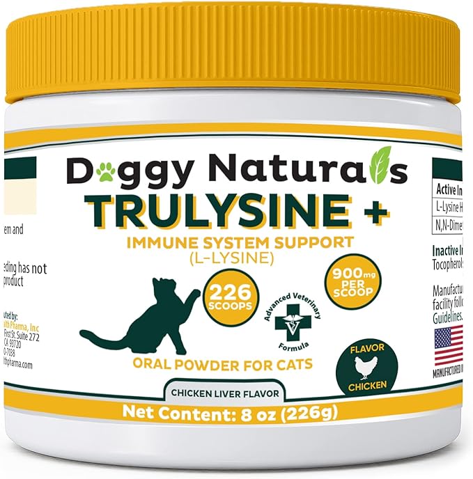 Trulysine Plus L-Lysine for Cats Immune Support Oral Powder 8oz/226g - Cats &amp; Kittens of All Age, Sneezing, Runny Nose Squinting, Watery Eyes Chicken Liver Flavor (U.S.A)(226 Grams (900mg / Scoop))