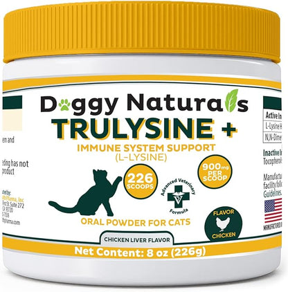 Trulysine Plus L-Lysine for Cats Immune Support Oral Powder 8oz/226g - Cats &amp; Kittens of All Age, Sneezing, Runny Nose Squinting, Watery Eyes Chicken Liver Flavor (U.S.A)(226 Grams (900mg / Scoop))