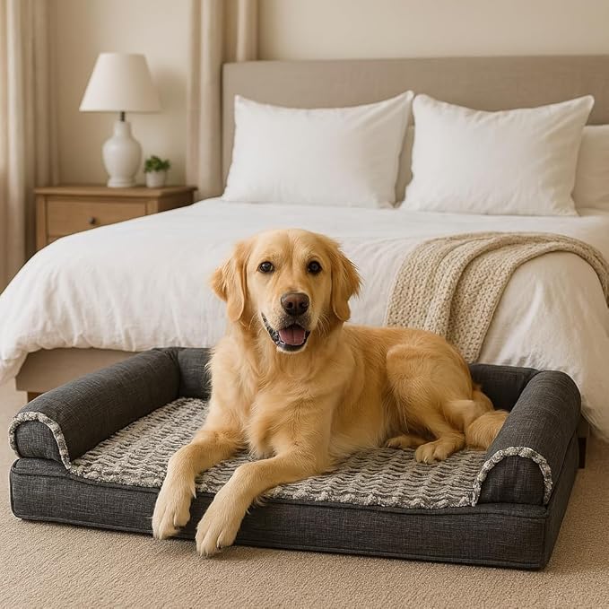 Furhaven Orthopedic Dog Bed for Large Dogs w/ Removable Bolsters &amp; Washable Cover, For Dogs Up to 95 lbs - Luxe Faux Fur &amp; Performance Linen Sofa - Charcoal, Jumbo/XL
