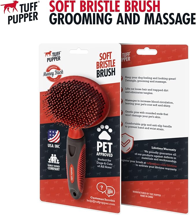 Tuff Pupper Round Bristle Soft Brush for Dogs and Cats | Gentle Grooming for Short or Long Hair | Soft Pin Tool for Sensitive Skin | Detangle &amp; Remove Loose Fur | For Dematting &amp; Detangling Undercoat