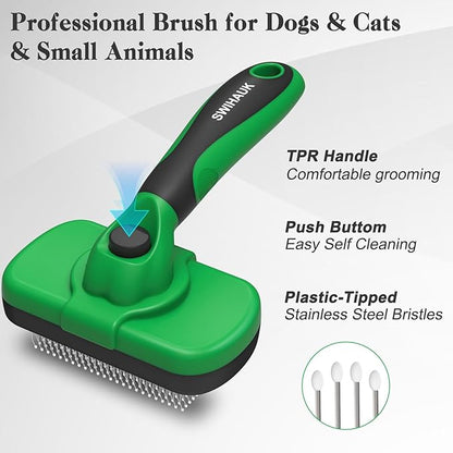 Swihauk Self Cleaning Slicker Brush - Skin Friendly Deshedding Grooming Tool for Dogs &amp; Cats, Suitable for Shedding &amp; Haired Pets, with Pet Supplies Accessories, Green