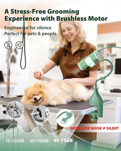 L&amp;W BROS. 2-in-1 Pet Hair Dryer with Clamp Stand – Wearable &amp; Hands-Free Dog Grooming Dryer, 950W Low Noise Blower with 5 Heat &amp; 3 Speed Settings, for Small to Medium Pets (Green)