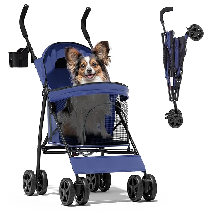 Magshion Compact Pet Stroller for Small-Medium Dogs/Cats up to 22lbs, 4-Wheel Lightweight Umbrella Shaped Portable Puppy Travel Jogger with Breathable Mesh, Cup Holder &amp; Rear Storage, Navy Blue