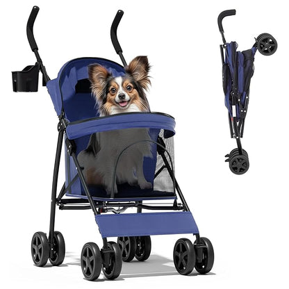Magshion Compact Pet Stroller for Small-Medium Dogs/Cats up to 22lbs, 4-Wheel Lightweight Umbrella Shaped Portable Puppy Travel Jogger with Breathable Mesh, Cup Holder &amp; Rear Storage, Navy Blue