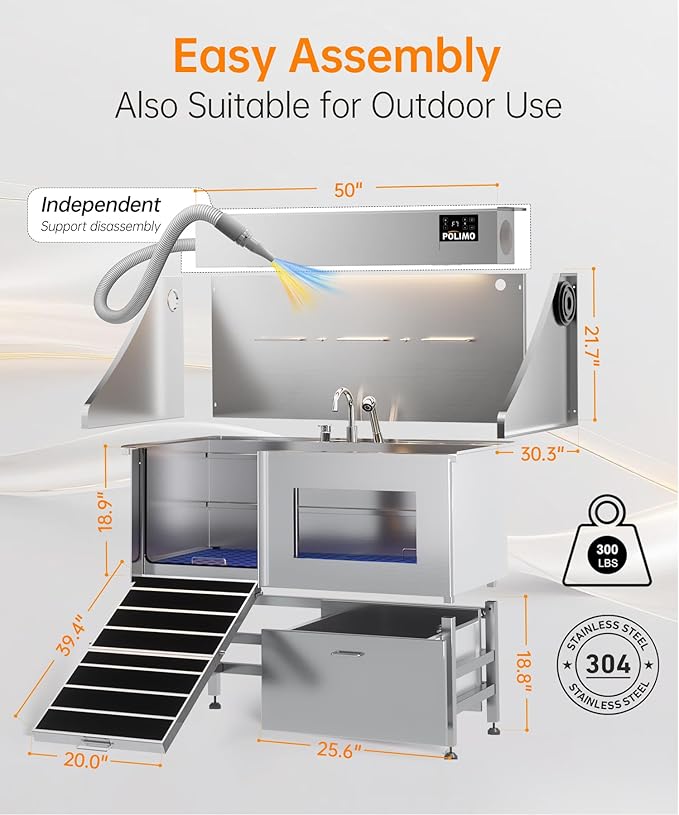 polimo Dog Wash Station with Pet Dryer &amp; LED, Professional Dog Bathing Station for Large, Medium &amp; Small Dogs – with Window, Ramp, Drawer, Floor Grate, LED Display &amp; Faucet (Left RAMP &amp; Dryer, 50")