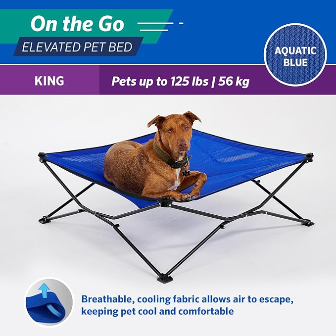 Coolaroo On-The-Go Elevated Dog Bed - Foldable Pop-Up Travel Dog Bed with Breathable, Moisture-Resistant Fabric, Carry Bag Included, Lightweight &amp; Portable, Aquatic Blue, Extra Large