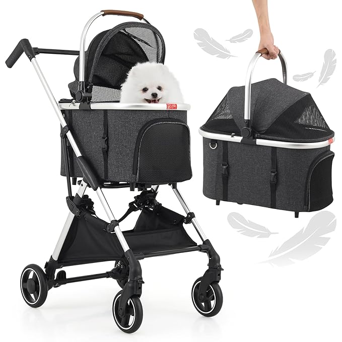 MoNiBloom Pet Stroller for Small/Medium Dogs w/Detachable Carrier &amp; Lightweight Aluminum Frame, Folding Jogging Travel Stroller, Dark Gray