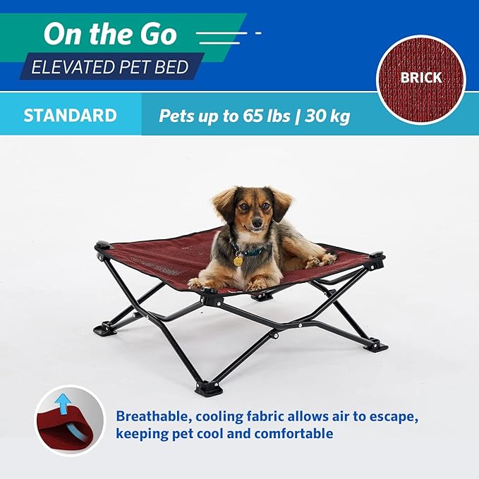 Coolaroo On-The-Go Elevated Dog Bed - Foldable Pop-Up Travel Dog Bed with Breathable, Moisture-Resistant Fabric, Carry Bag Included, Lightweight &amp; Portable, Brick, Standard