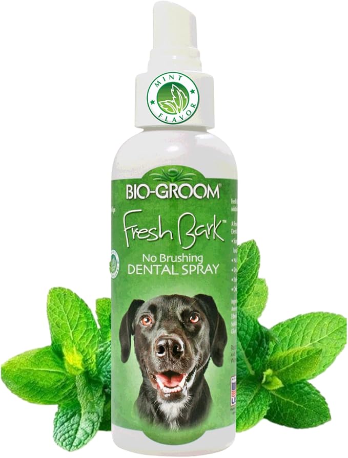Bio-groom Fresh Bark Dog Breath Freshener - No Chew Dental Spray for Dogs &amp; Cats, Teeth Cleaning Oral Care for Plaque &amp; Tartar, No Brushing Required, Made in The USA - Mint, 4 fl oz