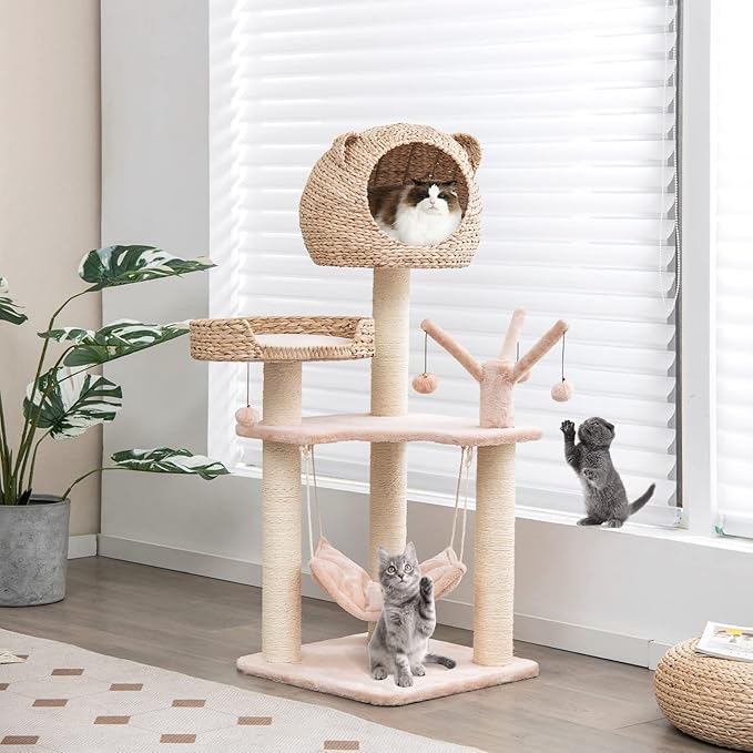 PETSITE Woven Cat Tree, Modern Cat Tower with Hammock &amp; Scratching Posts, Cattail Condo &amp; Top Perch, Cat Activity Tree for Indoor Cats
