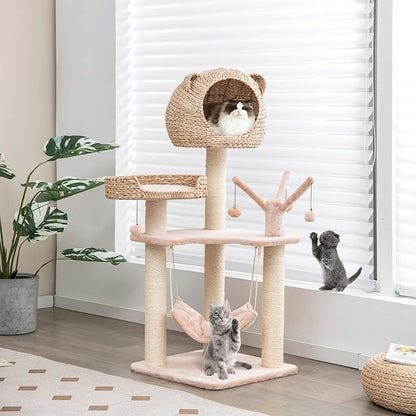 PETSITE Woven Cat Tree, Modern Cat Tower with Hammock &amp; Scratching Posts, Cattail Condo &amp; Top Perch, Cat Activity Tree for Indoor Cats