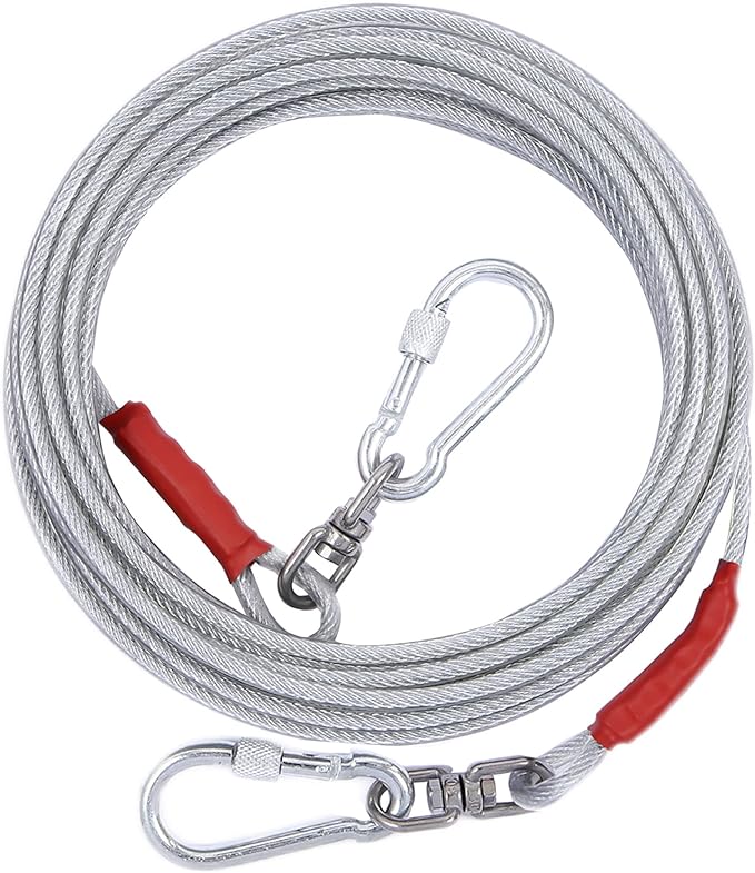 Dog Tie Out Cable for Dogs Outside Up to 125/250lbs,10/20/30/50FT Long Dog Leash&amp;Chains,Small-Large Dogs Runner Cable for Yard,Heavy Duty Lead Line for Outdoor,Camping,Yard(250lbs 50FT, Silver)