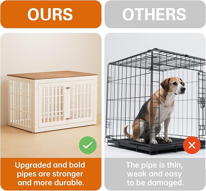 48" Heavy Duty Dog Crate Furniture for Small,Medium and Large Dogs,Rustic Wooden Dog Cage Kennel Indoor Furniture with Waterproof Top,Decorative Pet House Side End Table (White &amp; Wood)