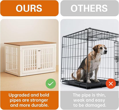 48" Heavy Duty Dog Crate Furniture for Small,Medium and Large Dogs,Rustic Wooden Dog Cage Kennel Indoor Furniture with Waterproof Top,Decorative Pet House Side End Table (White &amp; Wood)