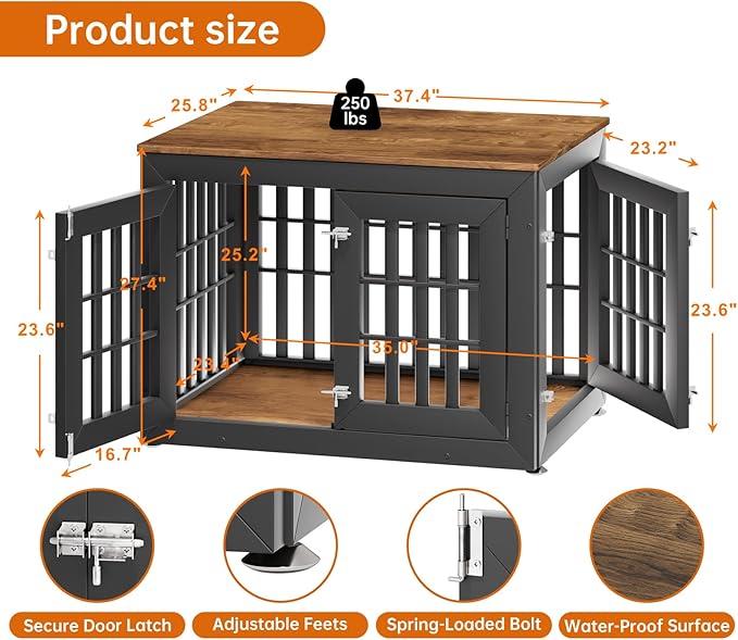 38" Heavy Duty Dog Crate Furniture for Small,Medium and Large Dogs,Rustic Wooden Dog Cage Kennel Indoor Furniture with Waterproof Top,Decorative Pet House Side End Table (Black &amp; Wood)