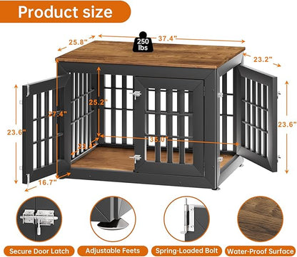 38" Heavy Duty Dog Crate Furniture for Small,Medium and Large Dogs,Rustic Wooden Dog Cage Kennel Indoor Furniture with Waterproof Top,Decorative Pet House Side End Table (Black &amp; Wood)