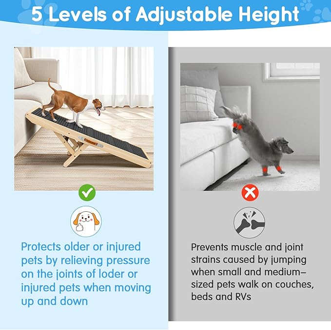 Dog Ramp for Couch, Bed, Wooden Long Pet Stairs for Small &amp; Large Old Dogs &amp; Cats, Hold up to 100lb, Adjustable Height from 11.41" to 20.47", Portable Doggie Steps (39.37" Long)