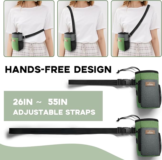 Upgraded large-sized Dog Treat Pouch with waist clip - Fashionable Green&amp;Grey Design - Large Capacity Dog Treat Bag for Dog Walks,Outdoor Activities, Travel and Training - Includes 1 Poop Bags
