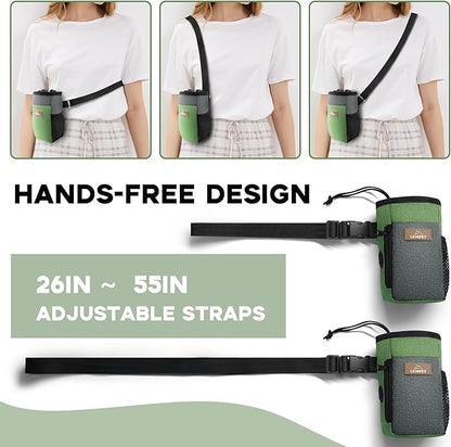 Upgraded large-sized Dog Treat Pouch with waist clip - Fashionable Green&amp;Grey Design - Large Capacity Dog Treat Bag for Dog Walks,Outdoor Activities, Travel and Training - Includes 1 Poop Bags