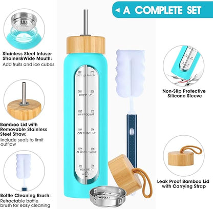 32 oz Glass Water Bottle with Straw - Motivational Time Marker &amp; Silicone Sleeve - Reusable Tumbler Includes 2 Bamboo Lids &amp; Fruit Infuser - 1 Pack