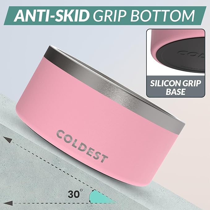 Coldest Dog Bowl - Anti Rust Metal, Non Slip, 3 Layers Insulated Stainless Steel Dog Bowls - Spill Proof &amp; Heavy Duty - Water Bowl for Dogs, Cats &amp; Pets, Dish Washer Safe (200 oz, Cotton Candy Pink)