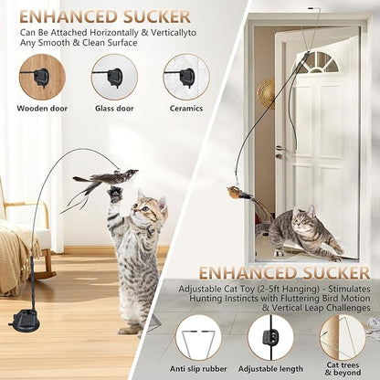 Cat Toys for Indoor Cats, Interactive Bird Cat Toy Self-Holding Suction Base with 5 Replaceable Birds, Door Hanging String, Feathers &amp; Bells | Chase, Jump &amp; Exercise for Kittens/Adult Cats