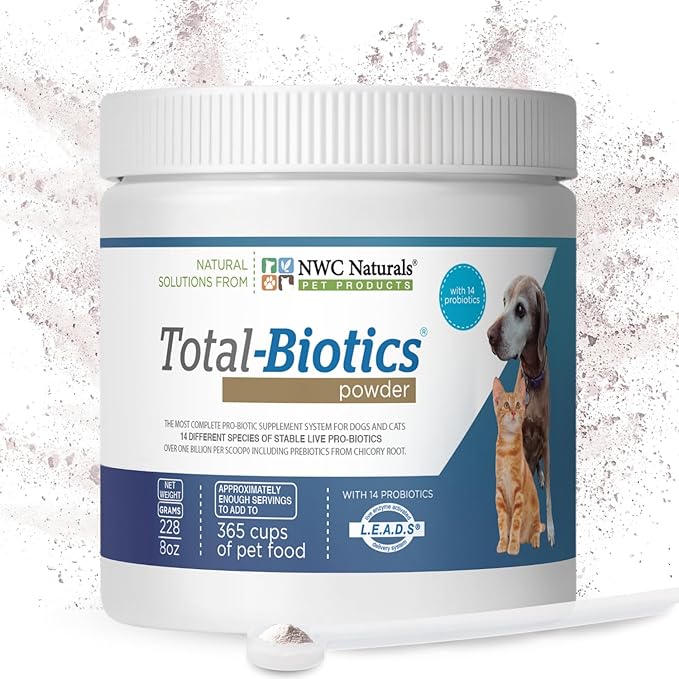 NWC Naturals Total-Biotics, Cat &amp; Dog Probiotics for Digestive Health with Prebiotic, Unflavored Probiotic for Dogs &amp; Cats, Supplement for Gut, Skin, Coat, Upset Stomach Relief, 365 Servings, 8 Ounces
