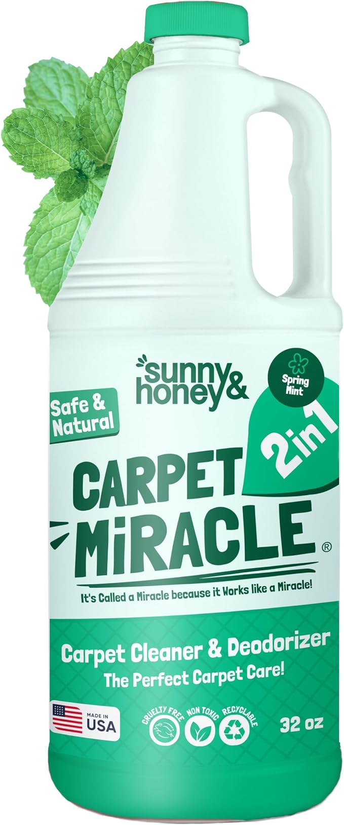 Sunny &amp; Honey Carpet Shampoo &amp; Cleaning Solution - 32 Fl Oz Spring Mint Scent - Pet Carpet Cleaner Machine Solution - Rug &amp; Upholstery Cleaner - Stain Remover &amp; Odor Deodorizer