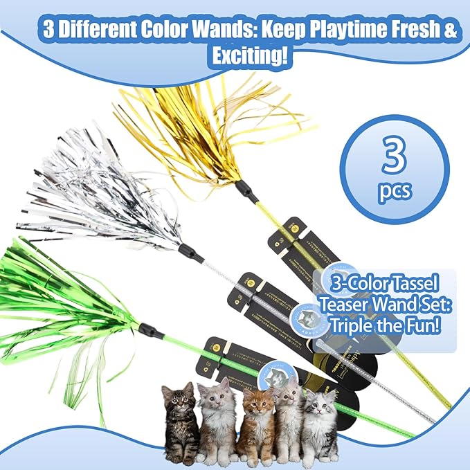 ADUCK Interactive Cat Teaser Wand Toy with Tassels - Durable Cat Chaser for Indoor Kitten Exercise, Boredom Relief &amp; Training Play, Pack of 3 (Gold, Silver, Green)